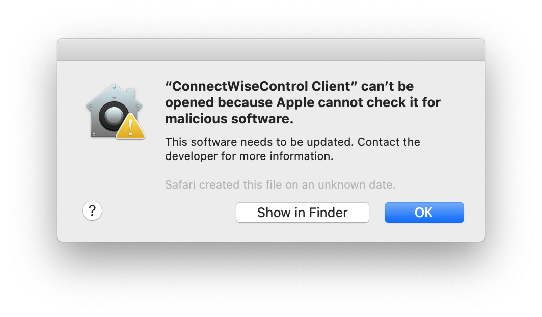 macOS telling the user that Apple cannot check to see if the software is malicious or not