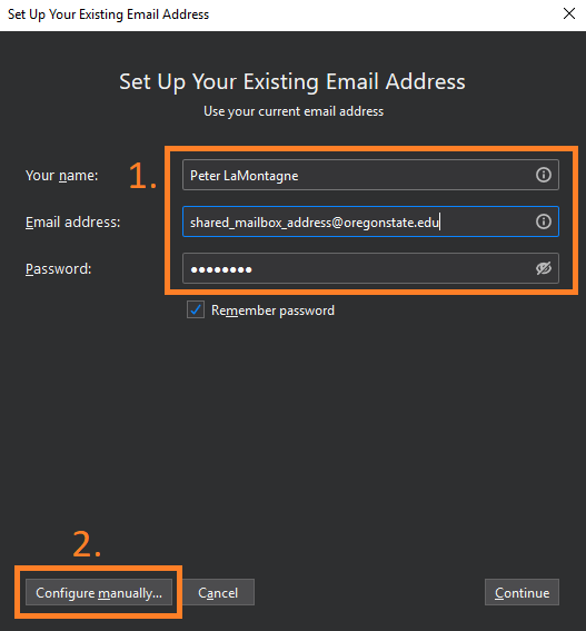 Entering Name, Email Address, and Password, then clicking Configure Manually