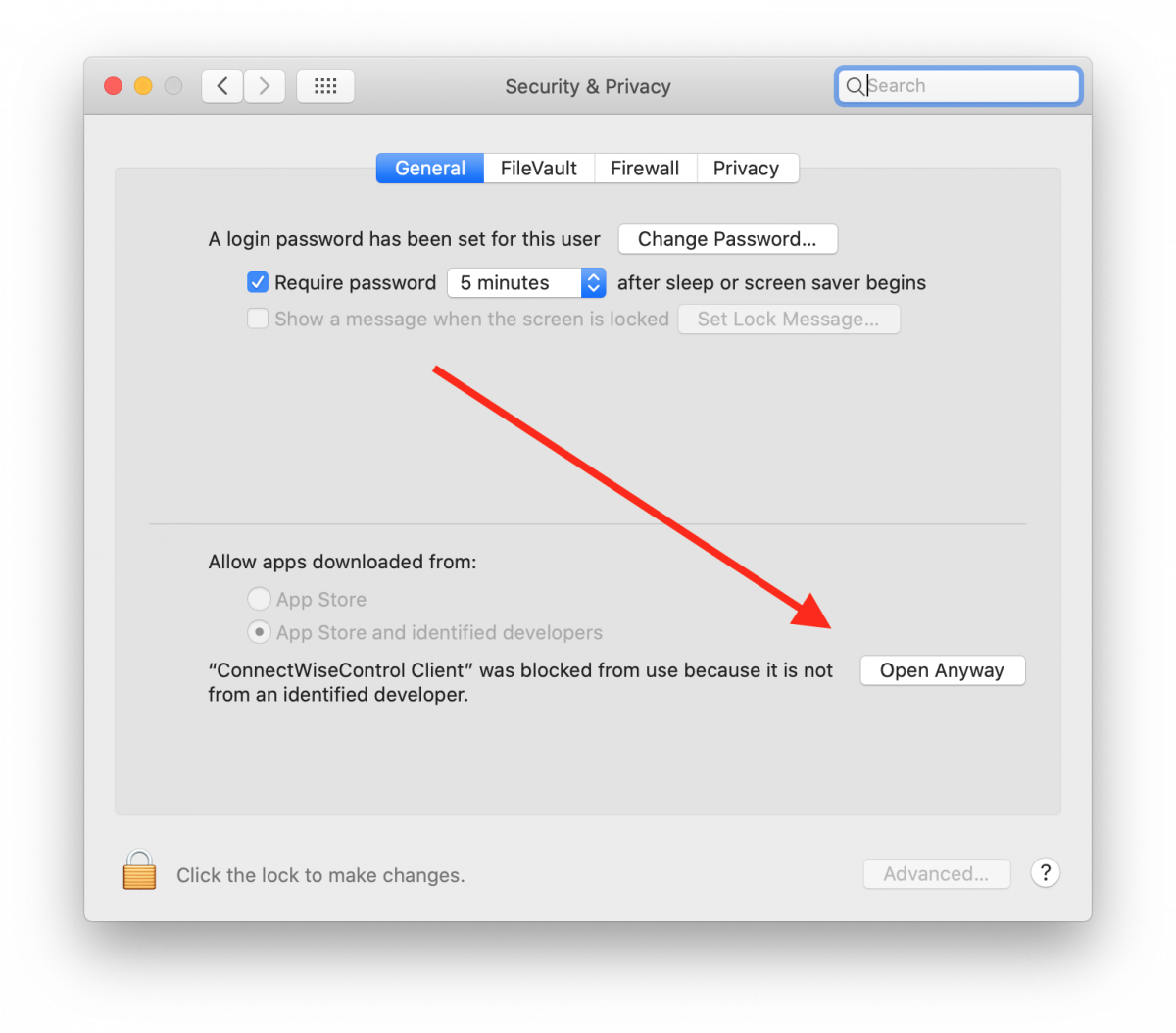 macOS System Preferences asking do you want to open Connect Wise Control Client