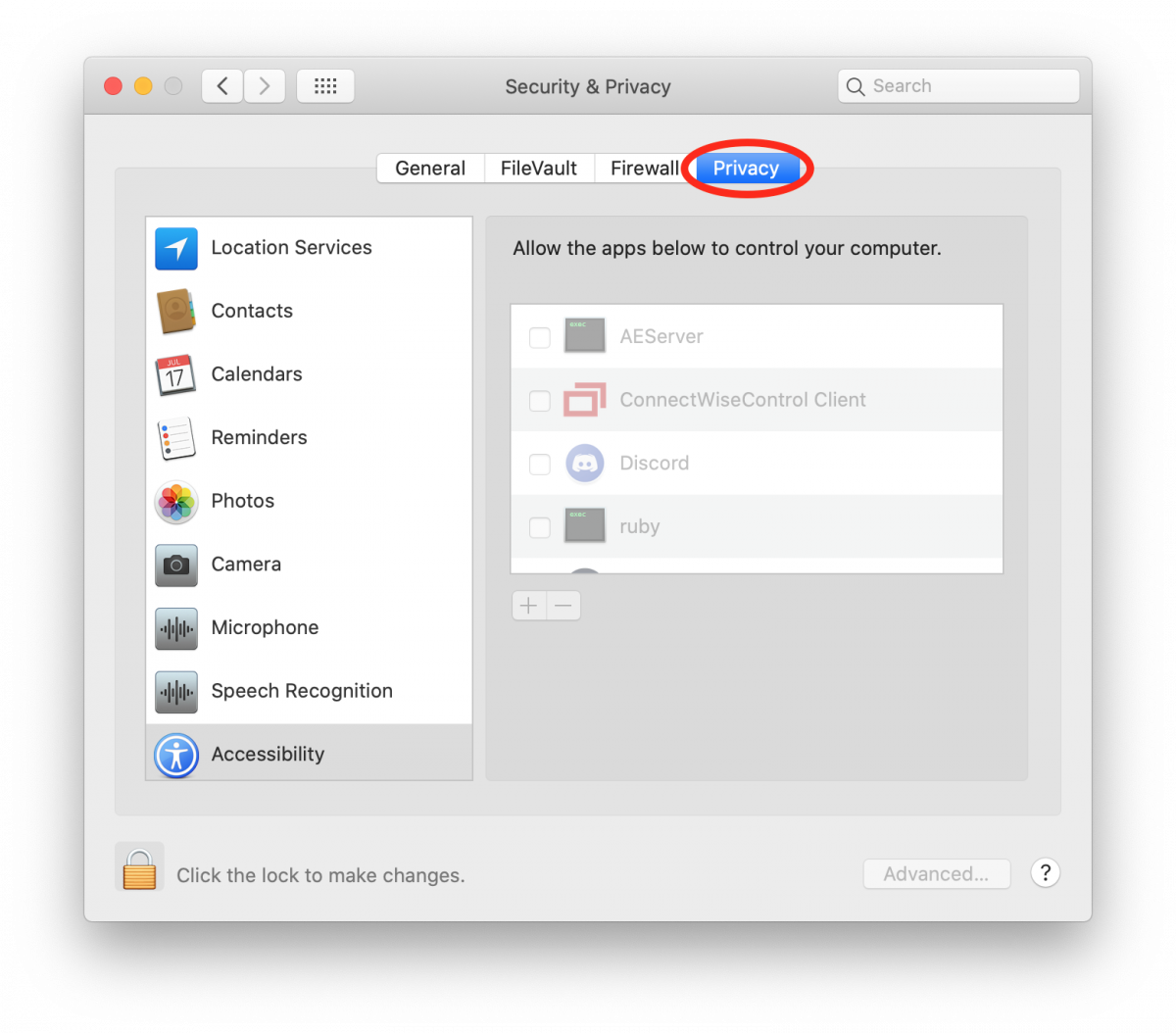 macOS System Presences Privacy Pane Accessibility